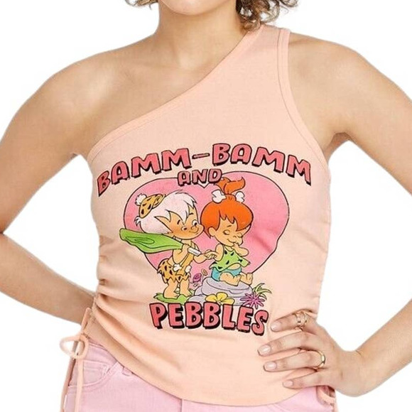 The Flintstones, Pink, Size XL, One-Shoulder BAMM BAMM & PEBBLES Tank Top Shirt - Picture 1 of 7